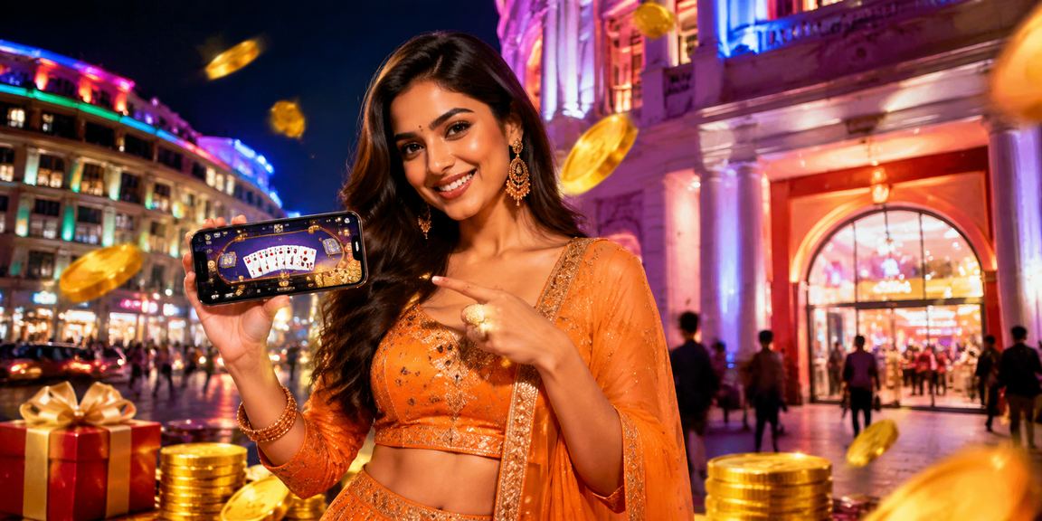 Festive promotion banner with colorful lottery graphics in Delhi city backdrop
