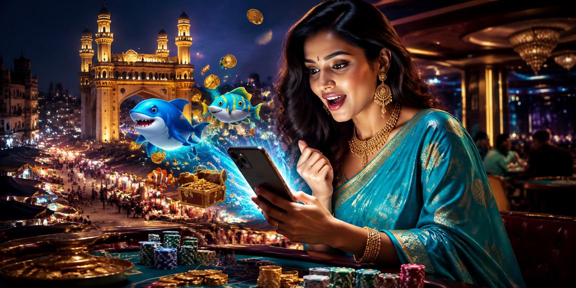 Woman playing Teen Patti on mobile in traditional saree near Hyderabad Charminar