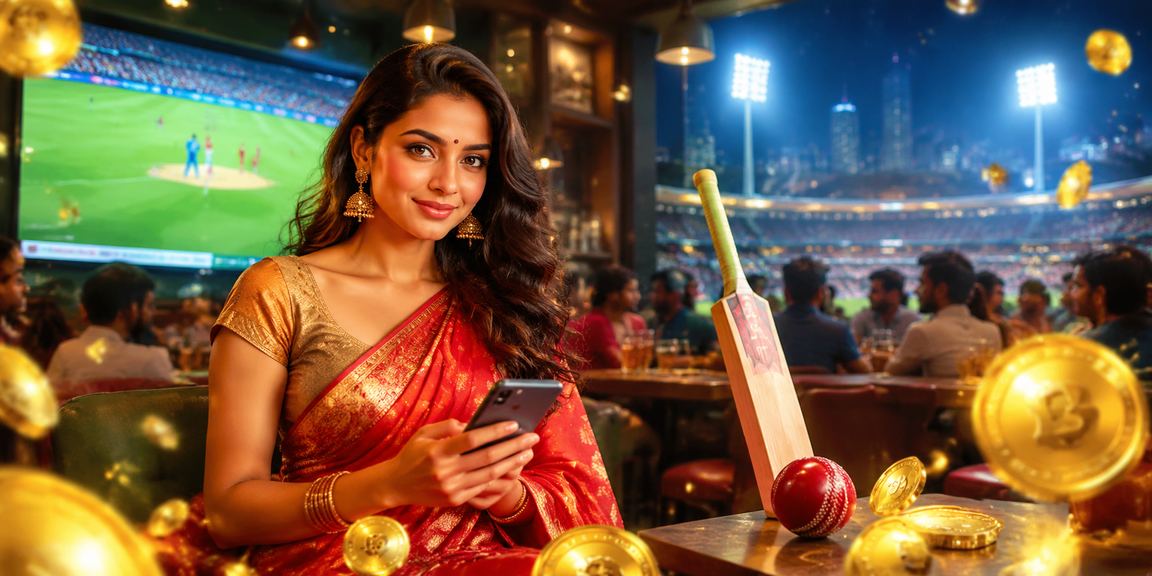 Indian woman in saree using mobile to access online cricket betting